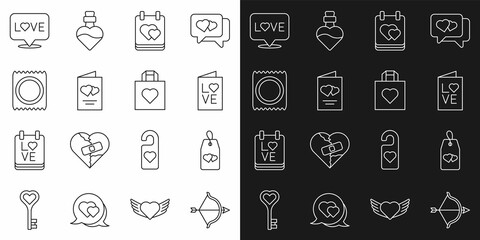 Set line Bow and arrow, Please do not disturb with heart, Valentines day party flyer, Calendar, Condom package, Love text and Shopping bag icon. Vector