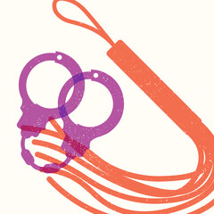 Colorful illustration with whip and handcuffs, bdsm  - 512281018