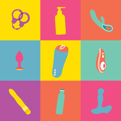 Vector Sex Shop Line Icons. Adult Toys Symbols over Colorful Squares. - 512281020
