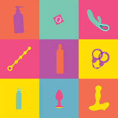 Vector Sex Shop Line Icons. Adult Toys Symbols over Colorful Squares.