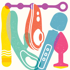Colorful illustration with various sex toys, vibrators, masturbation