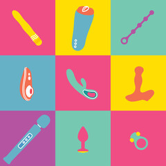 Vector Sex Shop Line Icons. Adult Toys Symbols over Colorful Squares. - 512281030
