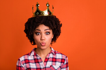 Portrait of cute charming lady kiss lips look wear golden crown empty space blank isolated on...
