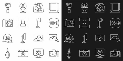 Set line Photo camera, retouching, frame 16, Camera focus line, Action extreme and Studio light bulb softbox icon. Vector