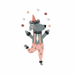 Cute poodle juggling with balls, funny animal performing in a circus show. Vector illustration