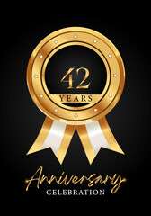 42 years anniversary celebration gold medal with ribbon vector. Poster Design for anniversary event party, wedding, birthday party, greetings and invitation card. Golden badges vector.