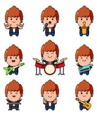 The musician boy is playing the music tool the mascot bundle set