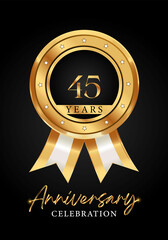 45 years anniversary celebration gold medal with ribbon vector. Poster Design for anniversary event party, wedding, birthday party, greetings and invitation card. Golden badges vector.