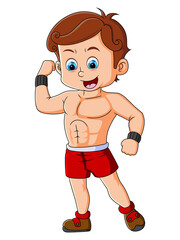 The boy with muscular body is showing off his muscle and body