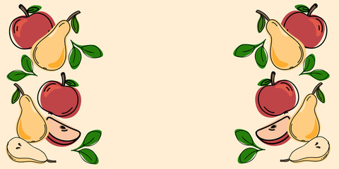 Variety of fruits apples and pears, whole and slice. Double border on yellow background banner with spa copy or copy space. Label, cover, price tag, background. Flat vector illustration