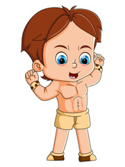 The little boy with a muscular body is showing off and posing