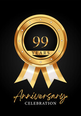 99 years anniversary celebration gold medal with ribbon vector. Poster Design for anniversary event party, wedding, birthday party, greetings and invitation card. Golden badges vector.