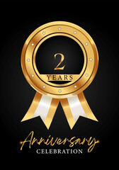 2 years anniversary celebration gold medal with ribbon vector. Poster Design for anniversary event party, wedding, birthday party, greetings and invitation card. Golden badges vector.