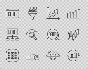 Fototapeta premium Set line Binary code, Pie chart infographic, Financial growth, Data analysis, Search cloud computing, Cloud and shield and Browser with stocks market icon. Vector