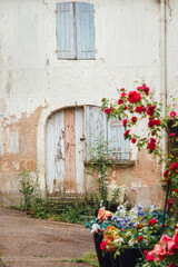 une vieille porte en bois derri&egrave;re des rosiers. La fa&ccedil;ade d'une vieille maison de village en France. Des fleurs devant une ancienne maison.