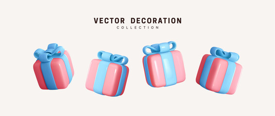 Set of realistic 3d gifts box. Holiday decoration presents. Festive gift surprise. Decor Isolated boxes. Vector illustration