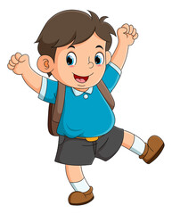 the cheerful boy is so excited to go to school in the morning