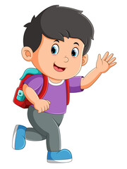 The boy is running and waving the bus in the street