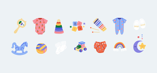 Baby toys and clothes icons in hand drawn style. Rattle, ball, train, car, hobby, doll, pyramid, rainbow plaything for babyshower. Singlet, diaper, apron, socks for infant boy or girl. Isolated vector