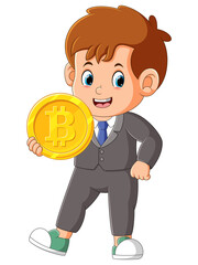 The office boy is posing with the big bitcoin nicely