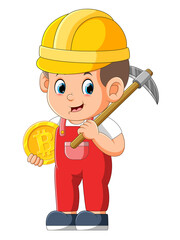 The mainer is holding the pick axe and holding the golden bitcoin