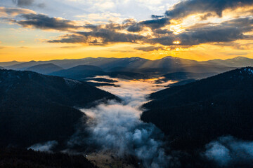 authentic dawn in the Carpathians, Synevyrska Polyana National Park.