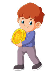 The man is holding the bitcoin and moving the big golden coin