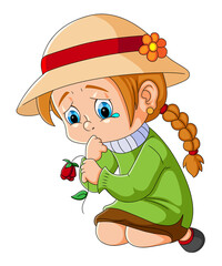 The little girl is feeling so sad and worried because of flowers wither