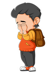 The little boy is crying and sad while bring bag from school