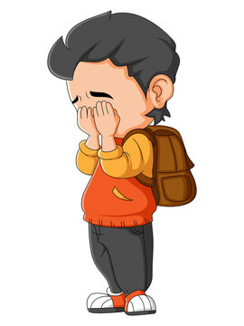 recommend clip art: The little boy is crying and sad while bring bag from school