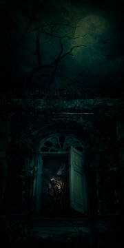 Scary halloween witch standing in ancient castle window over full moon with spooky cloudy sky, Halloween mystery concept