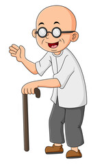 The bald grandfather is using a walking stick and hand waving
