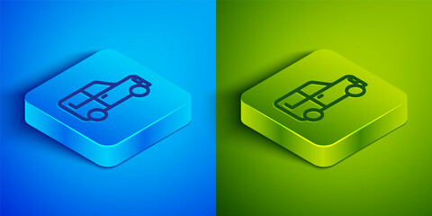 Isometric line Car icon isolated on blue and green background. Square button. Vector