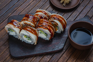 Asian traditional snack. Japanese sushi - fast food