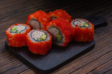 Asian traditional snack. Japanese sushi - fast food