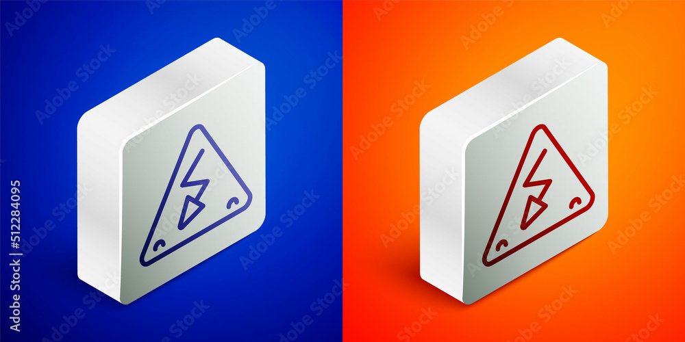 Poster isometric line high voltage sign icon isolated on blue and orange background. danger symbol. arrow i