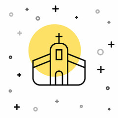 Black line Church building icon isolated on white background. Christian Church. Religion of church. Random dynamic shapes. Vector
