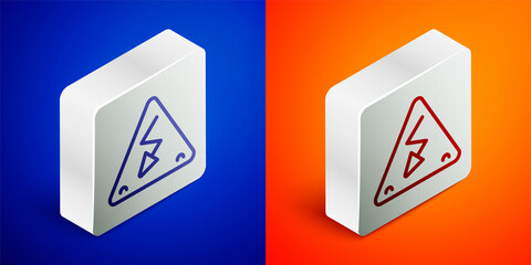 Isometric line High voltage sign icon isolated on blue and orange background. Danger symbol. Arrow in triangle. Warning icon. Silver square button. Vector