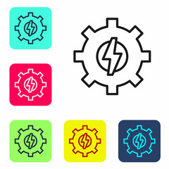 Black line Gear and lightning icon isolated on white background. Electric power. Lightning bolt sign. Set icons in color square buttons. Vector