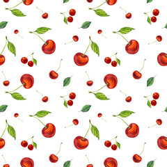 Red cherry. Seamless pattern. The cherry is painted in watercolor. For fabric, packaging, design.