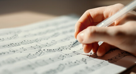 Handwritten notes and female hand holding a pen and writing notes, composing music, selective focus