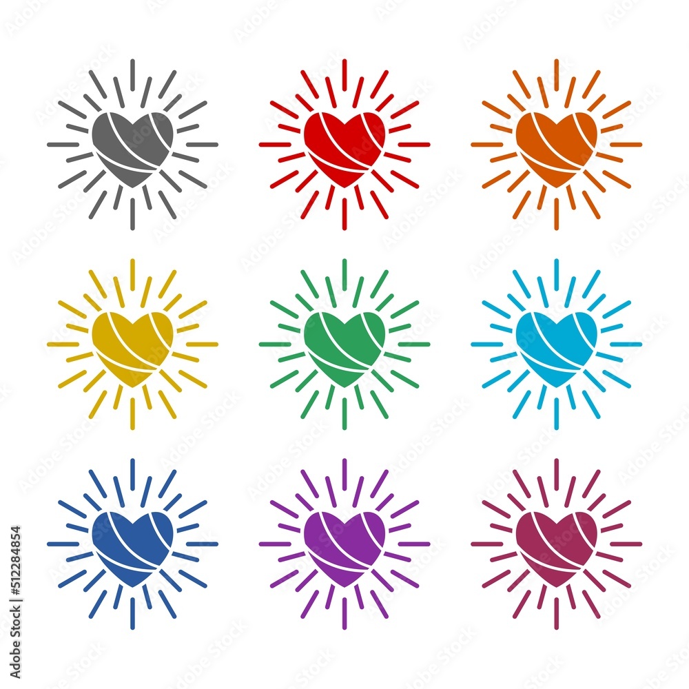 Poster heart with rays icon isolated on white background. set icons colorful