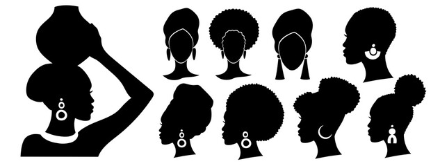 Set of silhouettes of an Afro American woman. African girl simple drawing. Isolated on white. Side profile.Vector illustration. - obrazy, fototapety, plakaty