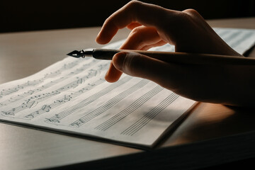 Woman's hand with a pen drawing notes in a music book, writing a melody by hand, composing music - obrazy, fototapety, plakaty
