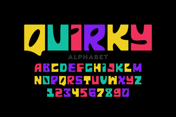 Quirky playful style font design, alphabet letters and numbers vector illustration
