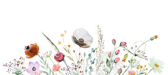 Border made of watercolor wildflowers and leaves, wedding and greeting illustration - obrazy, fototapety, plakaty