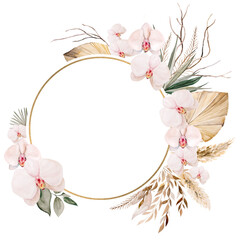 Watercolor Bohemian round frame with dried leaves and tropical orchid flowers illustration