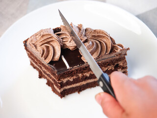 Sweet eating chocolate cake close up