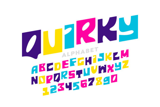 Quirky playful style font design, alphabet letters and numbers vector illustration