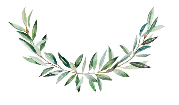 Watercolor wreath made of olive branches with green leaves illustration